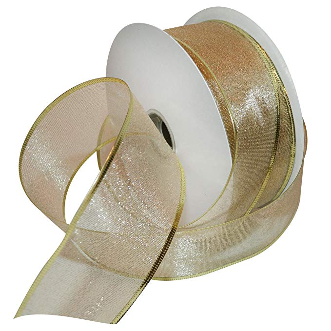 Morex Ribbon 7411.60/50-634 Lustrous French Wired Metallic Sheer Ribbon, 2-1/2-Inch by 50-Yard Spool, Gold