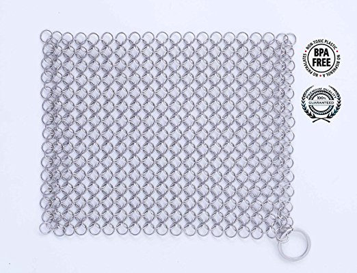Cast Iron Cleaner - Premium 316 Stainless Steel Chainmail Scrubber, 8x6 Inch, Lauchuh,（3 in One）Free with Cleaning Cloth & Wall hook, to Clean Cast Iron Skillet, Cookware, Pan, Wok