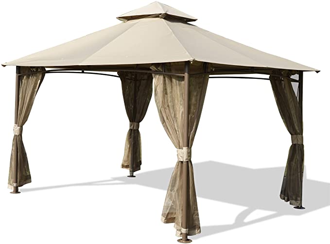 Kozyard Victoria 10ft x 13ft Double Roof Outdoor Garden Gazebo Vented Soft Polyester Canopy and Removable Netting (Dark Brown Frame/Beige Fabric)