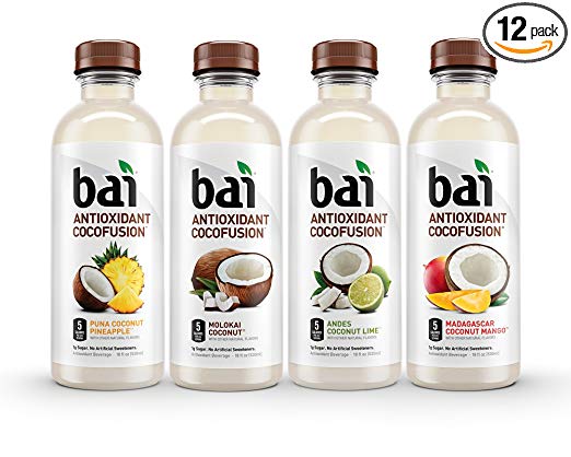 Bai Coconut Flavored Water, Cocofusions Variety Pack II, 18 Fluid Ounce Bottles, 12 count, 3 each of Andes Coconut Lime, Madagascar Coconut Mango, Molokai Coconut, Puna Coconut Pineapple