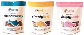 Sojos 100% Raw Freeze-Dried Meat Treats For Dogs 3 Flavor Variety Bundle: (1) Sojos Simply Beef 100% Raw Freeze-Dried Beef Treats, (1) Sojos Simply Lamb 100% Raw Freeze-Dried Lamb Treats, and (1) Sojos Simply Turkey 100% Raw Freeze-Dried Turkey Treats, 4 Oz. Ea. (3 Bags Total)