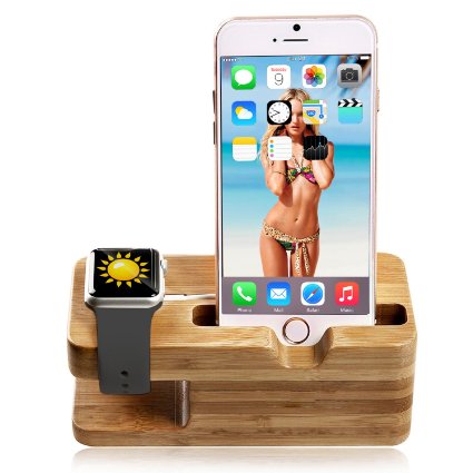 Apple Watch Stand, Bamboo Wood New Edition Waterproof Night Accessories Charging Station Stand Cradle Holder for Iphone and Iwatch 38 Mm and 42 Mm By Tophot 2 in 1 Tablet Organizer