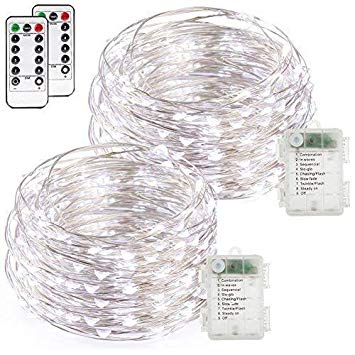 buways Fairy Lights, 2-Pack Battery Operated Waterproof Cool White 50 LED Fairy String Lights, 16.4ft Sliver Wire Light with Remote Control for Christmas Party Weeding Garden Home Decoration