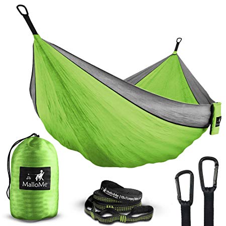 MalloMe Double & Single Portable Camping Hammock - Parachute Lightweight Nylon with Hammok Tree Straps Set- 2 Person Equipment Kids Accessories Max 1000 lbs Breaking Capacity - Free 2 Carabiners