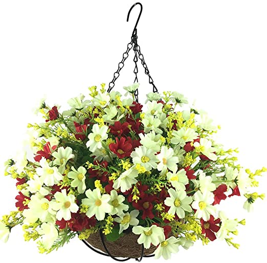 Lopkey Artificial Daisy Flowers Outdoor Indoor Patio Lawn Garden Hanging Basket with Chain Flowerpot,White-Red