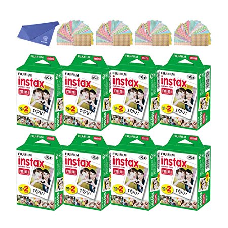 Fujifilm Instax Mini Instant Film, 2x10 Shoots x8 Pack (Total 160 Shoots)   withC Microfiber Cleaning Cloth  Free 80PCS Sticker for Fuji Mini 90 8 70 7s 50s 25 300 Camera SP-1 Printer