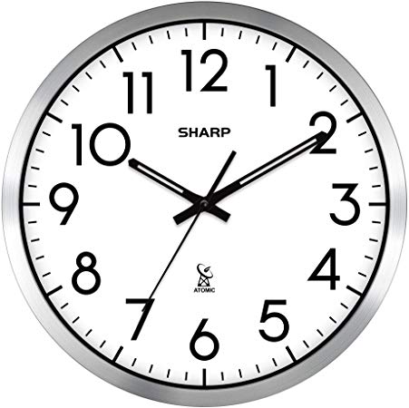 Sharp Atomic Analog Wall Clock - 12" Silver Brushed Finish - Sets Automatically- Battery Operated - Easy to Read - Easy to USE: Simple, Easy to Read Style fits Any Decor…