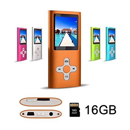 RShop MP3 MP4 Player with a 16 GB Micro SD card, Support UP to 32GB TF Card, Portable Digital Music Player / Video / Media Player / FM Radio / E-Book Reader, Ultra Slim 1.7” LCD Screen, Orange