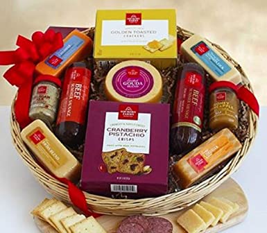Hickory Farm Summer Sausauge Christmas Basket Cheese Gould Mustard 9 pc Gift Set