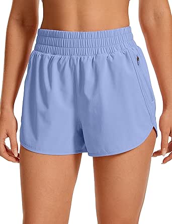 CRZ YOGA Women's High Waisted Running Shorts Mesh Liner - 3'' Dolphin Quick Dry Athletic Gym Track Workout Shorts Zip Pocket