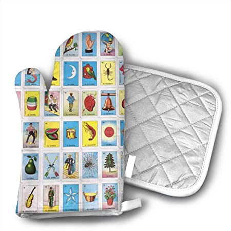 Colorful Mexican Loteria Cards Oven Mitts and Potholders (2-Piece Sets) - Kitchen Set with Cotton Heat Resistant,Oven Gloves for BBQ Cooking Baking Grilling