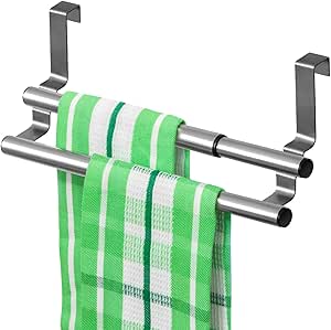 Tatkraft Double – Extendable Over the Door Towel Rail - Tea Towel Holder for Cupboard Doors and Drawers – No Drilling – Retractable – 9.8-15.7 x 5.5 x 4.7