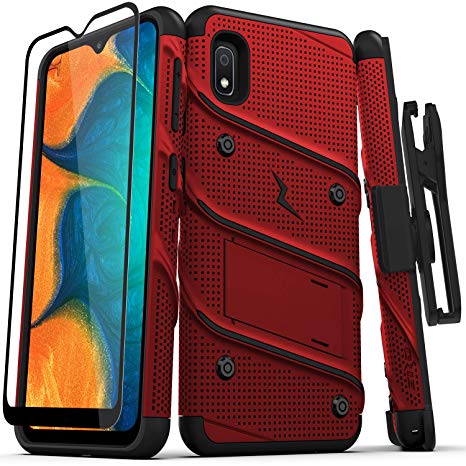 ZIZO Bolt Series Samsung Galaxy A10e Case | Heavy-Duty Military-Grade Drop Protection w/Kickstand Included Belt Clip Holster Tempered Glass Lanyard (Red/Black)