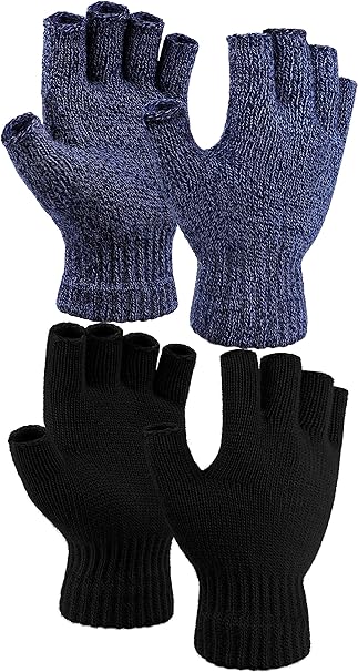 Cooraby 2 Pairs Thickened Cashmere Warm Half Finger Gloves Winter Knitted Fingerless Gloves for Men and Women