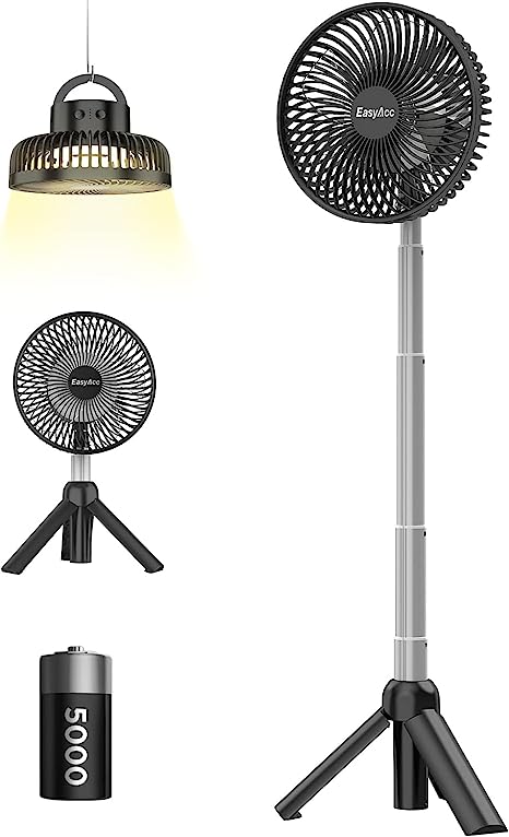 EasyAcc Pedestal Fan, 5 IN 1 Portable Camping Fan with Telescopic Tripod & LED Lights & 5000 Battery Adjustable Height Angle Oscillating Standing Fan Air Circulator Fan for Home Kitchen Outdoor-Black