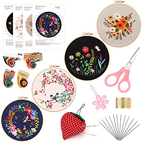 4 Pack Embroidery Kit for Beginners, Embroidery Starter Kit with Pattern and Instructions, Cross Stitch Kits Include Embroidery Hoop, Cloth, Threads, Scissors, Needles, Needlepoint Kits for Adults (B)
