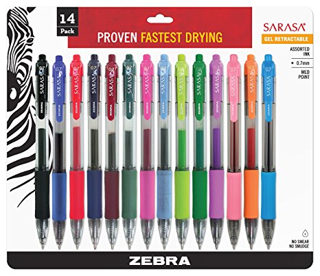 Zebra Sarasa Rapid Dry Ink Gel Retractable Pen, 0.7mm, Fashion Assorted, 14 Pack (46824)