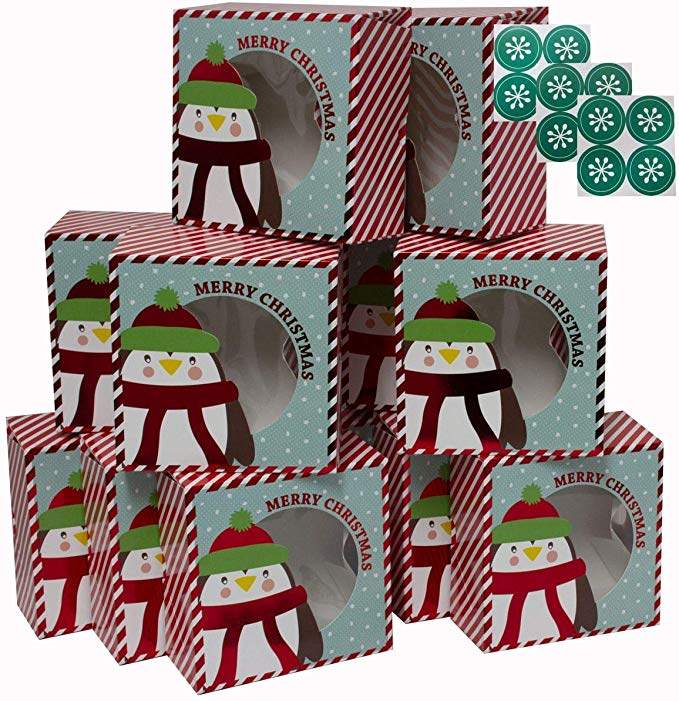 Christmas Cookie gift boxes, fold-able with holiday designs, set of 12 boxes (Penguin Stripes with Stickers)