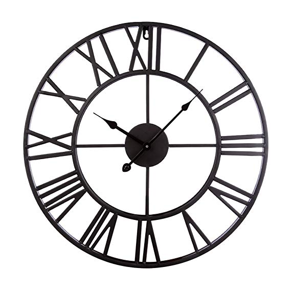 Large Metal Decorative Round Wall Clock Linpote 20 Inch 3D Hollow Out Wrought Iron Non-Ticking Silent Wall Clock with Roman Numeral for Office Living Room Bedroom Kitchen (Black)