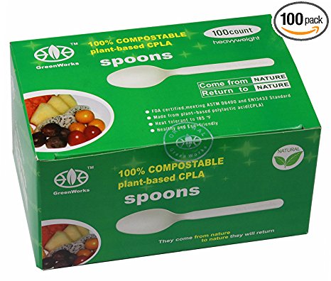 GreenWorks 100% Biodegradable Compostable CPLA Cornstarch Disposable Cutlery Utensils Flatware SPOONS,100 Ct Large Heavyweight Spoons