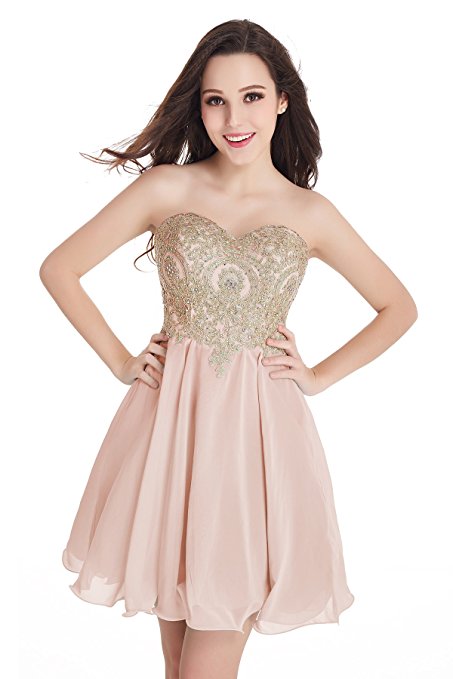 Babyonline Junior's Gold Lace Applique Short Quinceanera Homecoming Dresses