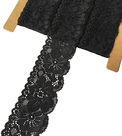 Lace Realm 1.5 Inch Wide Black Stretch Floral Pattern Lace Ribbon Trim for Sewing, Gift Package Wrapping, Floral Designing & Crafts-5 Yards (3603 Black)