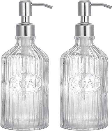 2 Pcs Farmhouse Vertical Design Bathroom and Kitchen Soap Dispenser Set with 17 oz Glass Jar, Gold Stainless Steel Pump - for Hand Soap, Dish Soap and Mouthwash Dispenser for Home & Kitchen Decor