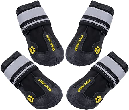 QUMY Dog Boots Waterproof Shoes for Dogs with Reflective Strape Rugged Anti-Slip Sole Black 4PCS (size 7: 3.1"x2.7"(L*W), Black-b)