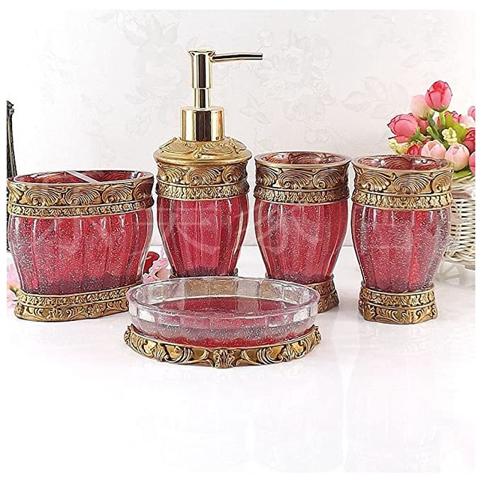 Vintage Red Bathroom Accessories, 5Piece Bathroom Accessories Set, Bathroom Set Features, Soap Dispenser, Toothbrush Holder, Tumbler & Soap Dish - Golden Glossy - Bath Gift Set