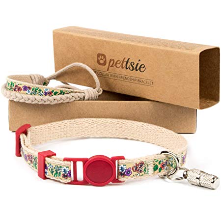 Pettsie Cat Kitten Collar Breakaway Safety and Friendship Bracelet, ID Tag Tube Included, Durable 100% Cotton for Extra Safety, Comfortable and Soft, D-Ring for Accessories, Gift Box Included