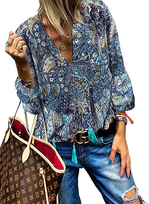 FARYSAYS Women's Casual Boho Floral Print V Neck Long Sleeve Shirts Tops Loose Blouses