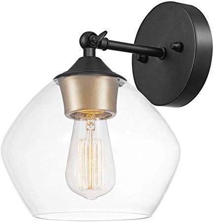 Globe Electric Harrow 1-Light Wall Sconce, Matte Black, Gold Accent Socket, Clear Glass Shade 51367