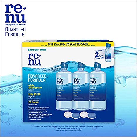 Renu - Lens Solution, Advanced Triple Disinfect Formula, Multi-Purpose 16 Fluid Ounce (Pack of 3) w/(1) 2 Ounce Travel Bottle   2 Contact Lens Cases