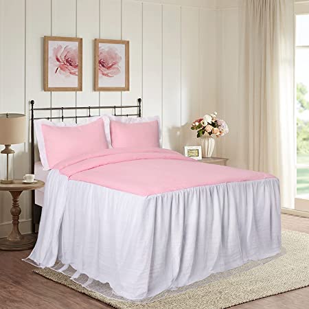 HIG 3 Piece Shabby Chic Ruffle Skirt Bedspread Set King, Pink Feminine Color Contrast Coverlet with Dreamy Tulle, Decorative 30" Drop Dust Ruffle Bedding Collections for Boudoir, Microfiber (Fairy)