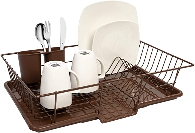 Sweet Home Collection Dish Rack Drainer 3 Piece Set with Drying Board and Utensil Holder, 12" x 19" x 5", Bronze