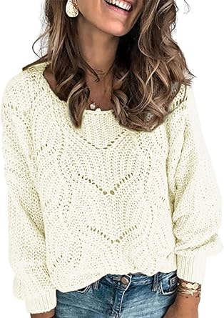 Dokotoo Womens 2023 Cute Elegant Soft Crewneck Long Sleeve Hollow Cable Knit Pullover Sweaters