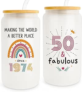 50th Birthday Gifts for Her, 50th Birthday Gifts for Women, 50th Birthday Decorations, 1974 Birthday Gifts, Best Cool Birthday Gifts for 50 Year Old Women Friend Sister Wife - 16oz 50 Fabulous Glass