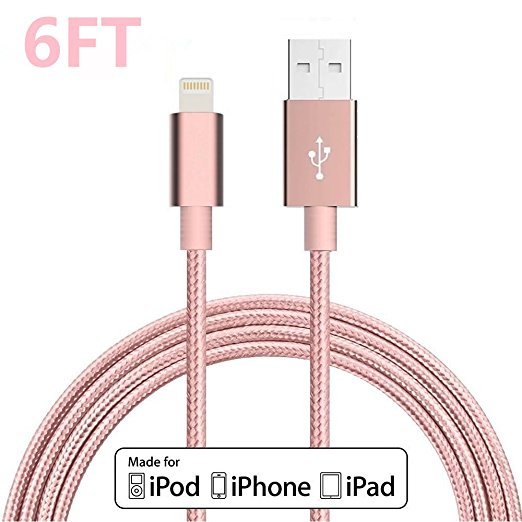 Lightning Cable, VPR 6FT Nylon Braided Extra Long 8pin USB Sync Charger Cables Charging Cord For Apple iPhone 7/7 plus/SE/6/6 Plus/6s/6s Plus/5/5c/5s/SE, iPad Mini/Air, iPod Nan/Touch (Rose Gold)
