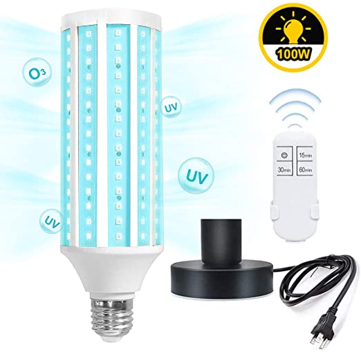 [US Stock] UV Germicidal Lamp, 100W UV Sanitizer Bulb with Base & Remote Control, E26/E27 Led UVC Light Bulb for Home, Restaurant, Office, Warehouse, Supermarket