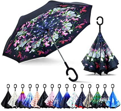 ZOMAKE Double Layer Inverted Umbrellas for Women, Reverse Folding Umbrella Windproof UV Protection Big Straight Umbrella for Car Rain Outdoor with C-Shaped Handle