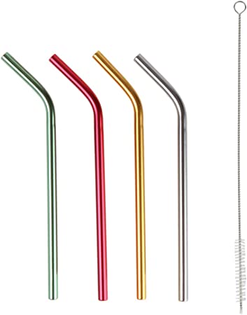 Home-X Multi Color Curved Aluminum Drinking Straws. 4 Pack (Silver, Gold, Red and Green)