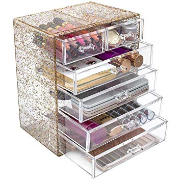 Sorbus Glitter Cosmetic Makeup and Jewelry Storage Case Rose Gold Display - Spacious - Great for Bathroom, Dresser, Vanity, and Countertop (4 Large, 2 Small Drawers, Glitter)