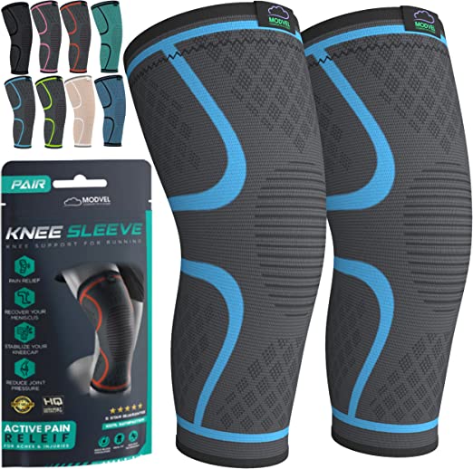 MODVEL 2 Pack Knee Compression Sleeve | Best Knee Brace | Knee Support for Arthritis, ACL, Meniscus Tear, Running, Biking, and Sports | Joint Pain Relief.