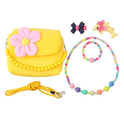 Slowera Little Girl Beauty Set Plush Handbag 2 Hair Clips Necklace and Bracelet (Yellow)
