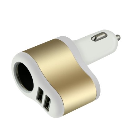 Topoint® Dual USB Ports Car Charger Adapter with 1 Car Socket Cigarette Lighter Adapter DC Outlet Car Splitter for iPhone 6s/6 Plus, iPad Air 2/mini 3, Galaxy S6/S6 Edge(Gold)