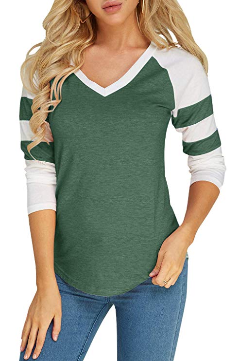 Foshow Womens Long Sleeve Raglan Baseball Tee Jersey Striped V Neck Blouses Tshirts