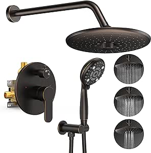 SR SUN RISE Bronze Shower Faucets Sets Complete - 10 inch3 Function Shower Faucet Set, 6 Setting High Pressure Handheld Rain Shower Head Kits, Valve Included (Oil Rubbed Bronze)