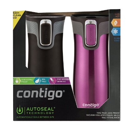 Contigo Autoseal Vacuum Insulated West Loop Stainless Steel Travel Mug with Easy-clean Lid, Matte Black & Radiant Orchid, 2-pack, 16-ounce