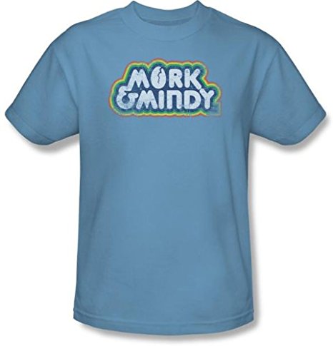 Mork and Mindy T-shirt - Distressed Logo Adult Carolina Blue Tee Shirt