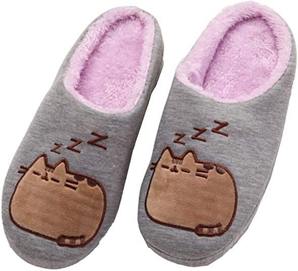 Pusheen The Cat Soft Comfortable Womens Slide On Slippers with Embroidered Kitty - Grey/Purple